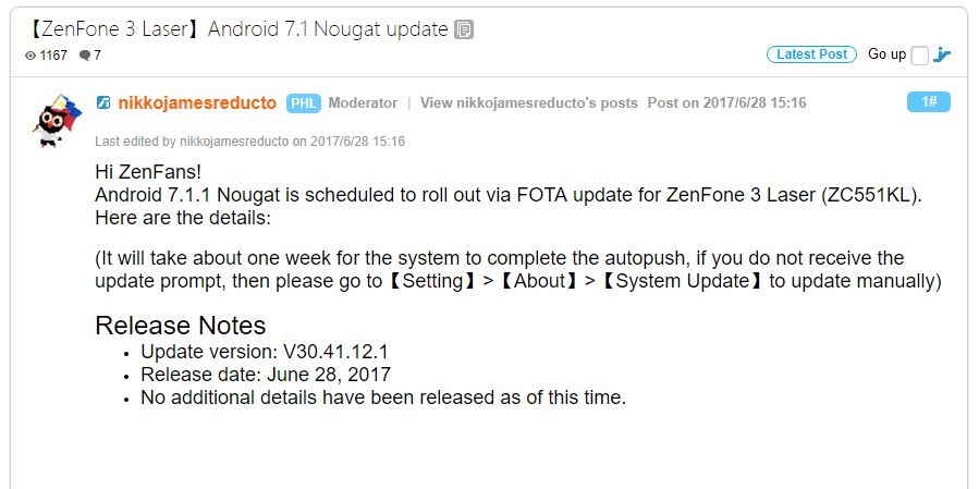 Asus ZenFone 3 Laser lên Android 7.1.1 Nougat