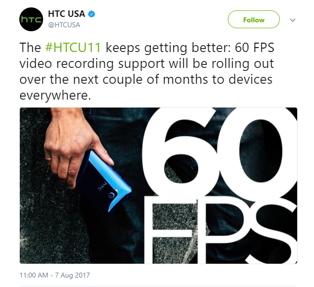 Bản cập nhật HTC U11 cho phép quay video 60fps