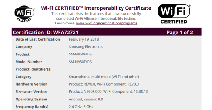 Chứng nhận wifi Android 8.0 cho Note 8