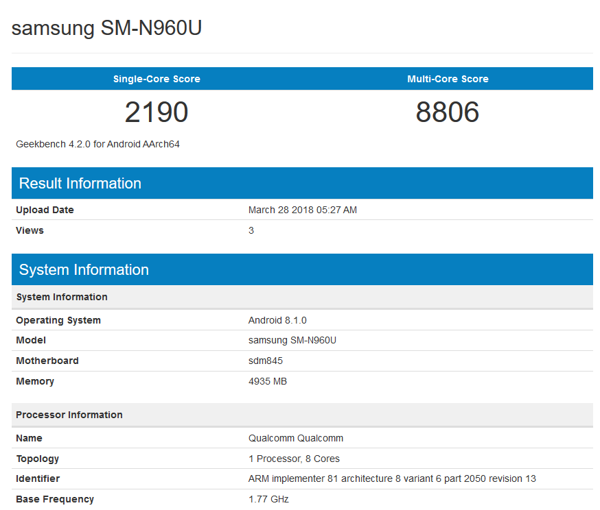 Samsung Galaxy Note 9 Geekbench Samsung Galaxy Note 9 Geekbench
