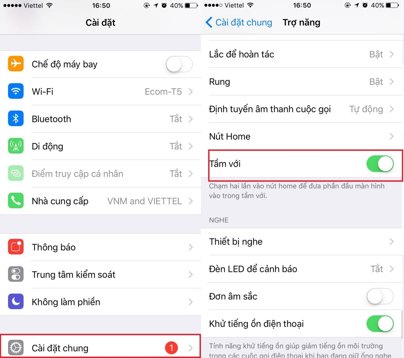 Kích hoạt tính năng Tầm với (Reachability)