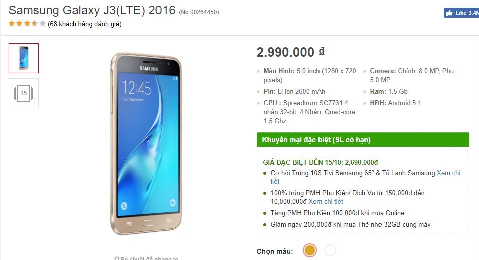 Galaxy J3 LTE thiết kế trẻ trung giảm giá tốt