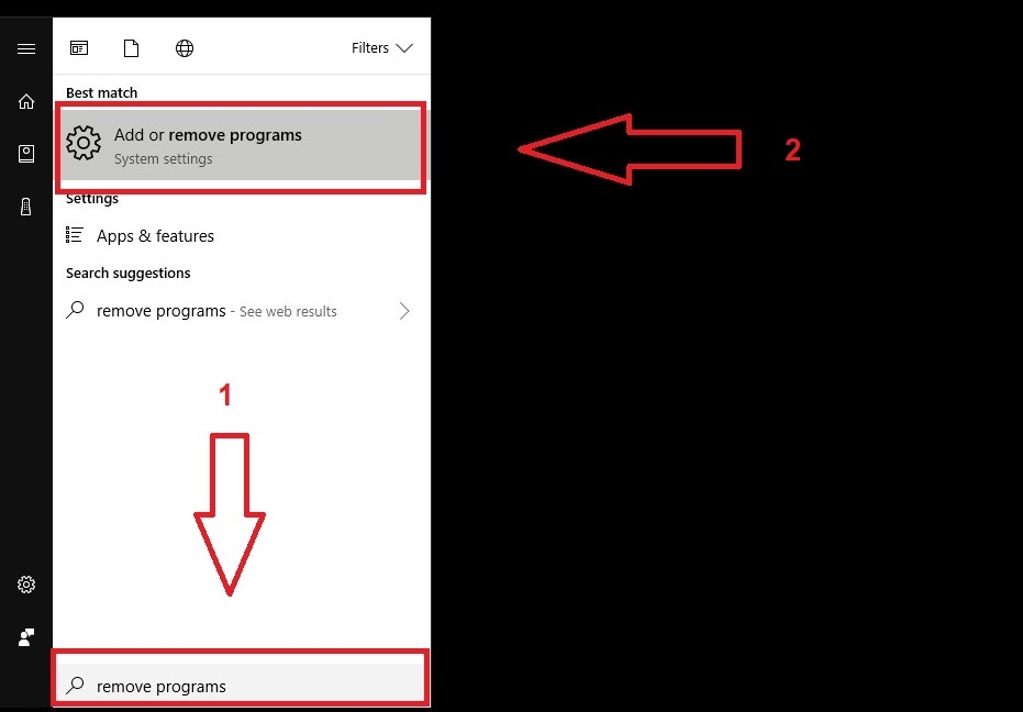 Nhập “remove programs” vào ô tìm kiếm Mở công cụ Add or remove programs