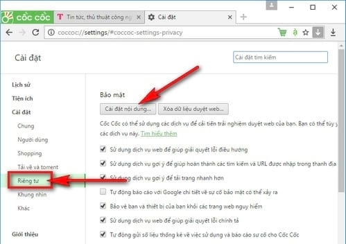 Chọn mục “Cài đặt nội dung”