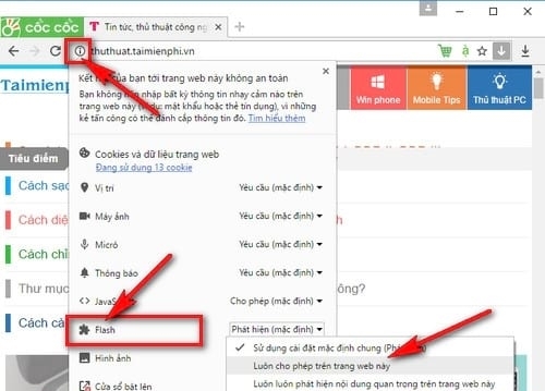 “Luôn cho phép trên trang web này”