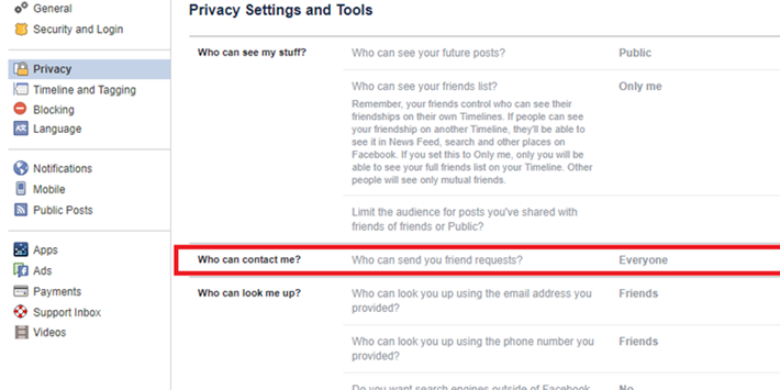 Click chuột trái vào dòng Who can contact me để thay đổi đối tượng có thể gửi lời mời kết bạn