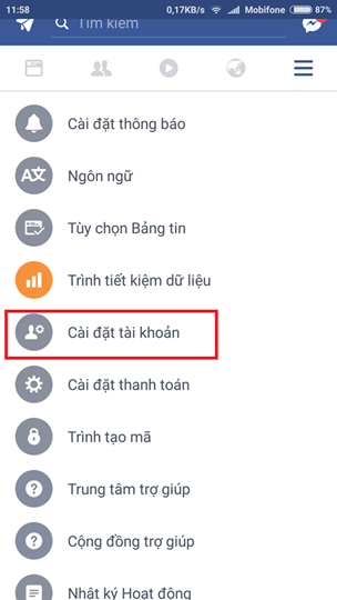 Truy cập vào mục Cài đặt tài khoản