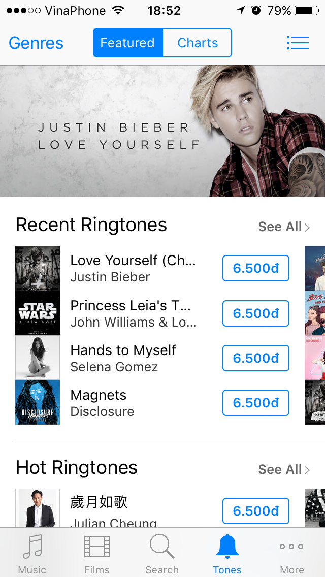 Giao diện cửa hàng nhạc chuông trên iTunes Store​​