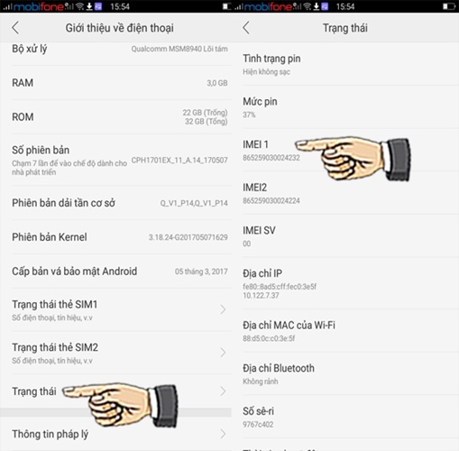 Chọn mục trạng thái điểm kiểm tra dãy số IMEI Chọn mục trạng thái điểm kiểm tra dãy số IMEI