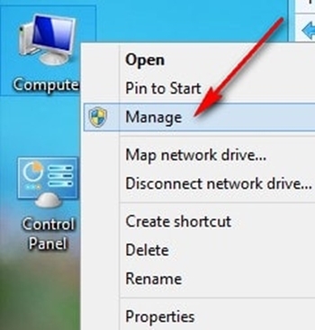 Bấm chuột phải vào icon “My computer” và chọn mục “Manage”