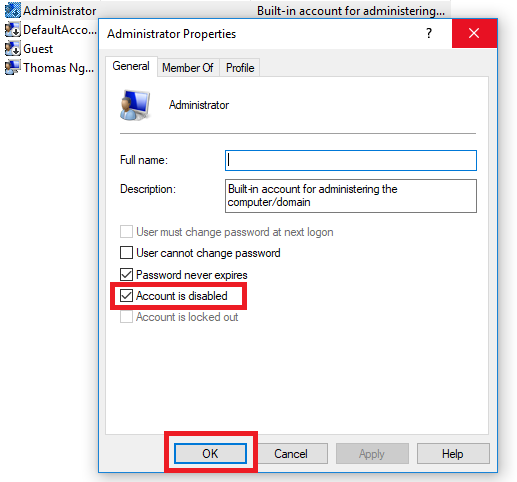 Bỏ đánh dấu ô “Account is disabled”