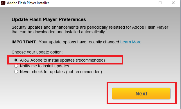 Check vào ô Allow Adobe to install updates và bấm Next để tiến hành cài đặt