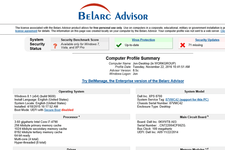 Phần mềm Belarc Advisor Phần mềm Belarc Advisor