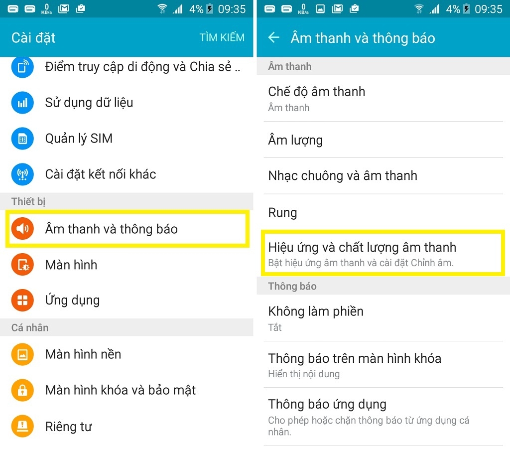 Tùy chỉnh hiệu ứng, chất lượng âm thanh trên Galaxy On7
