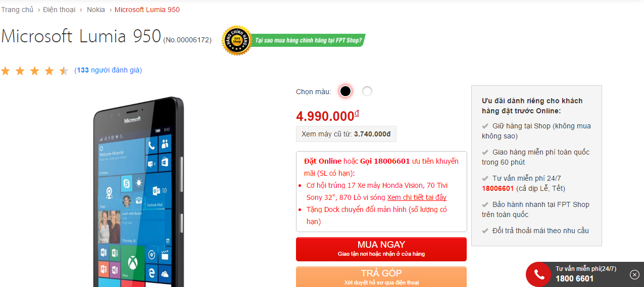 Lumia 950 giảm giá Shock tại FPT Shop