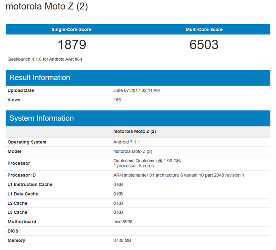 Cấu hình của Moto Z2 trên GeekBench
