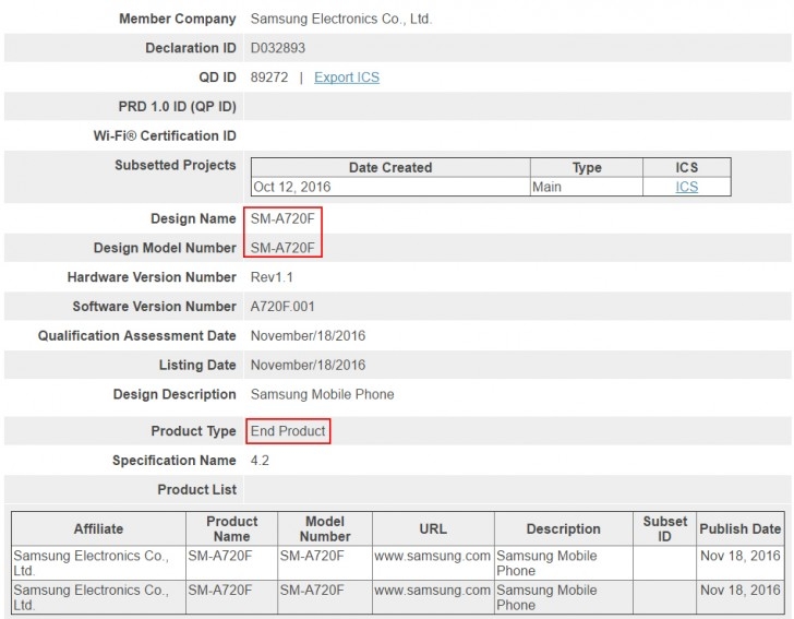 Galaxy A7 (2017) nhận chứng chỉ Bluetooth