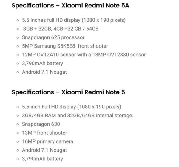 Rò rỉ cấu hình Redmi Note 5 và Redmi Note 5A 2