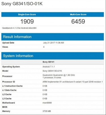 Sony Xperia XZ1 rò rỉ cấu hình qua BenchMark 2