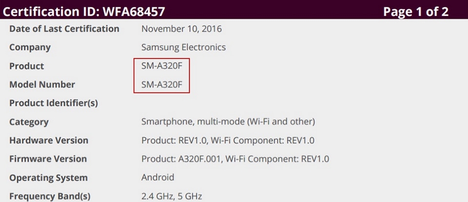 Chứng nhận WiFi cho Galaxy A3 2017 Chứng nhận WiFi cho Galaxy A3 2017