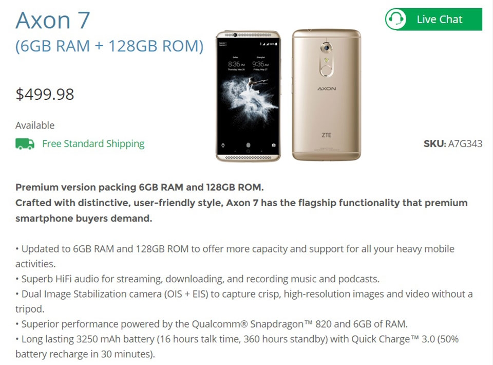 ZTE Axon 7 có thêm phiên bản 6GB RAM, 128GB bộ nhớ ZTE Axon 7 có thêm phiên bản 6GB RAM, 128GB bộ nhớ