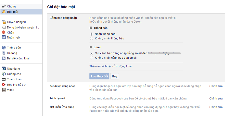 Nhận cảnh báo đăng nhập từ Facebook