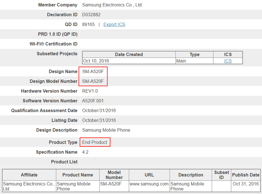 Samsung Galaxy A5 (2017) được xác nhận Bluetooth