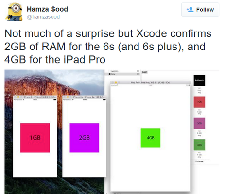 Xcode chính thức xác nhận dung lượng RAM trên iPhone 6s và iPad Pro 1