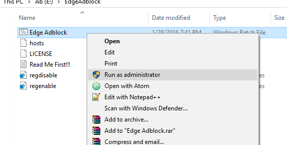 Chọn tệp Edge Adblock.bat với quyền admin