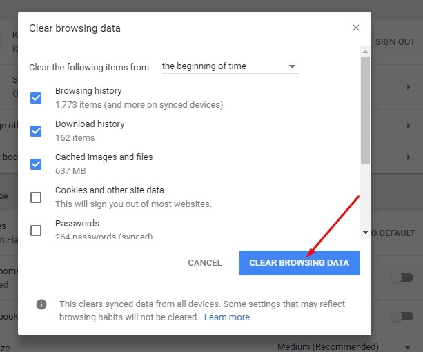 Chọn Clear Browsing Data để tiến hành làm sạch trình duyệt Chrome