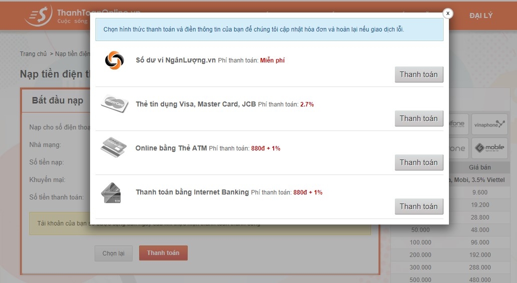 Phương thức thanh toán nạp thẻ điện thoại online Phương thức thanh toán nạp thẻ điện thoại online