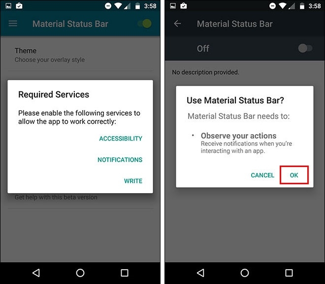 Cấp quyền Accessibility cho ứng dụng Material Status Bar Notific