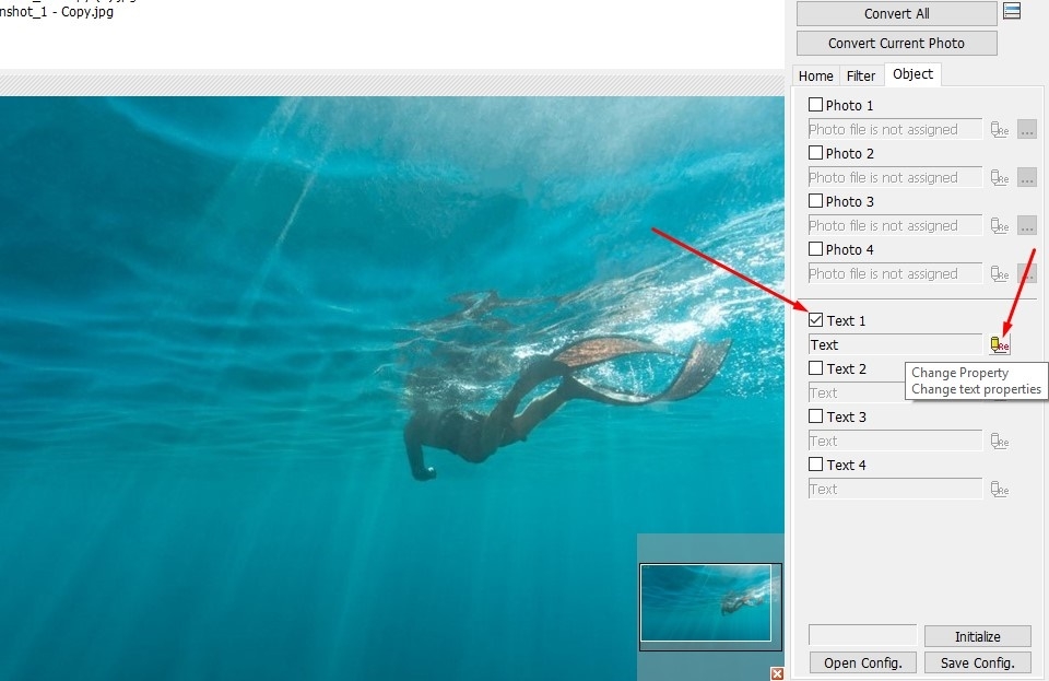 Chọn Object > Text 1 > Change text properties để thêm ngày giờ vào ảnh