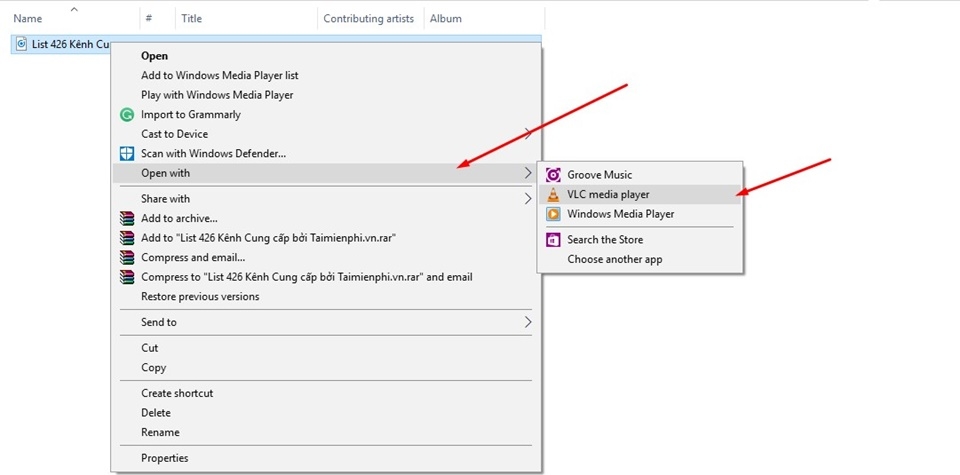 Chuột phải > Open with… > VLC Chuột phải > Open with… > VLC