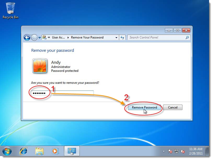 Thao tác xóa pass Win 7