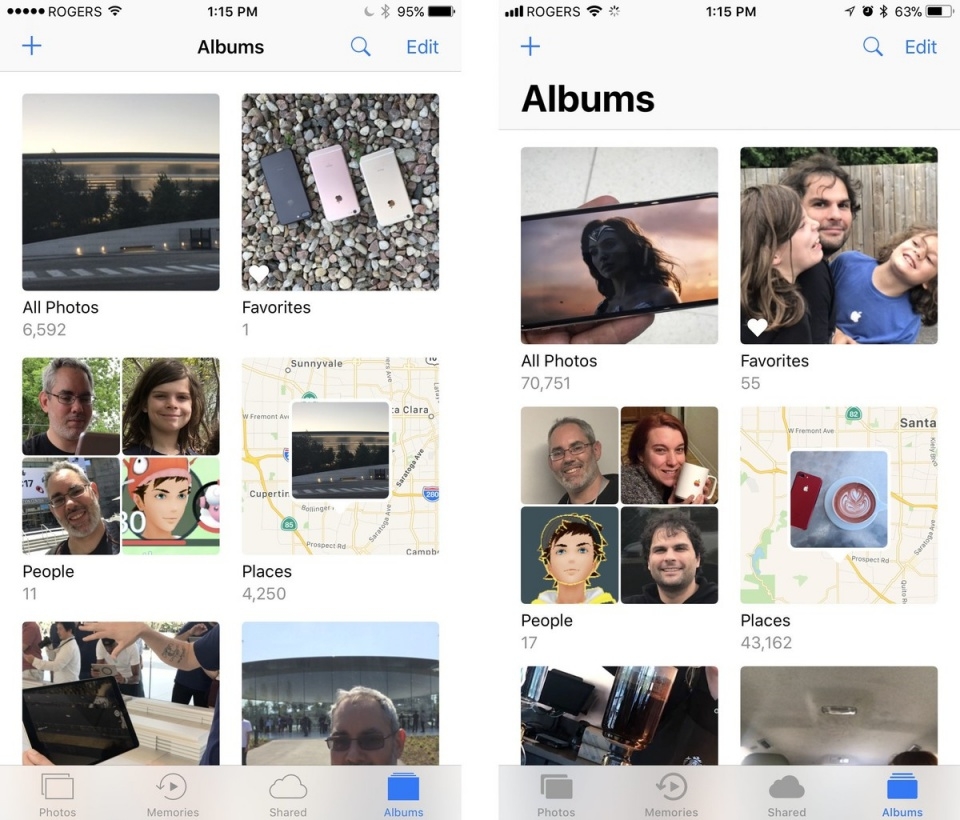 Phần Album của hệ điều hành iOS 10 (trái) và iOS 11 (phải) có nhiều khác biệt
