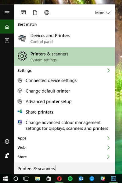 Nhập “printer” vào Start menu Nhập “printer” vào Start menu