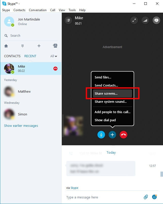 Chọn “Share screens” để chia sẻ màn hình trên Skype
