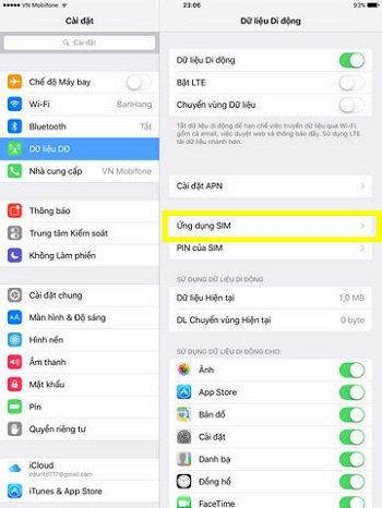 Vào Cài đặt > Dữ liệu di động > Ứng dụng SIM để nạp tiền cho iPad bằng thẻ cào Vào Cài đặt > Dữ liệu di động > Ứng dụng SIM để nạp tiền cho iPad bằng thẻ cào