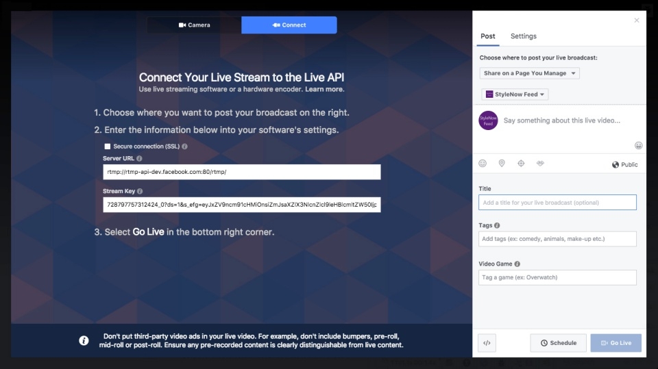 Copy Server URl hoặc mã API key vào phần mềm live Facebook