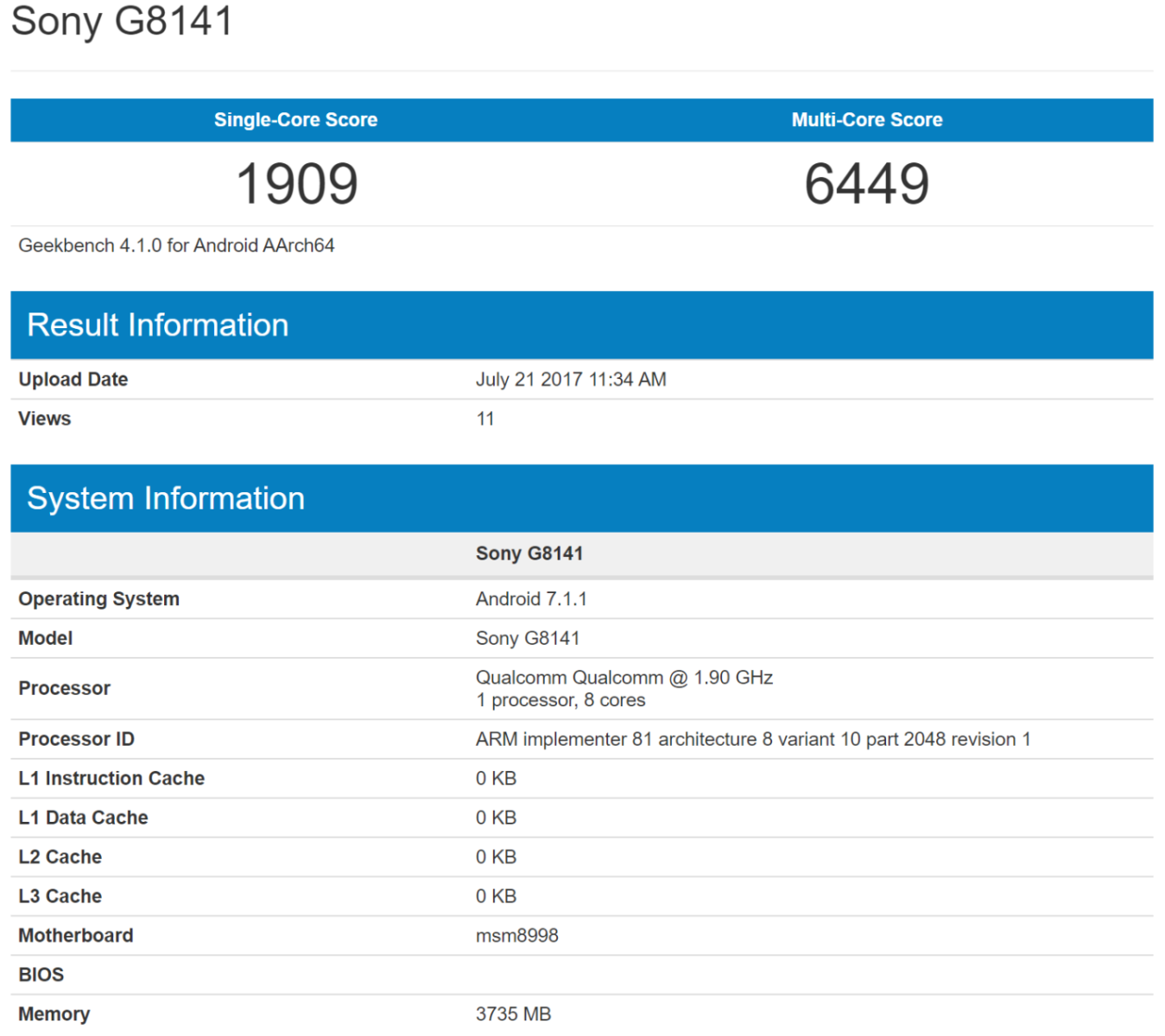 Smartphone G8141 với Snapdragon 835 của Sony lộ diện