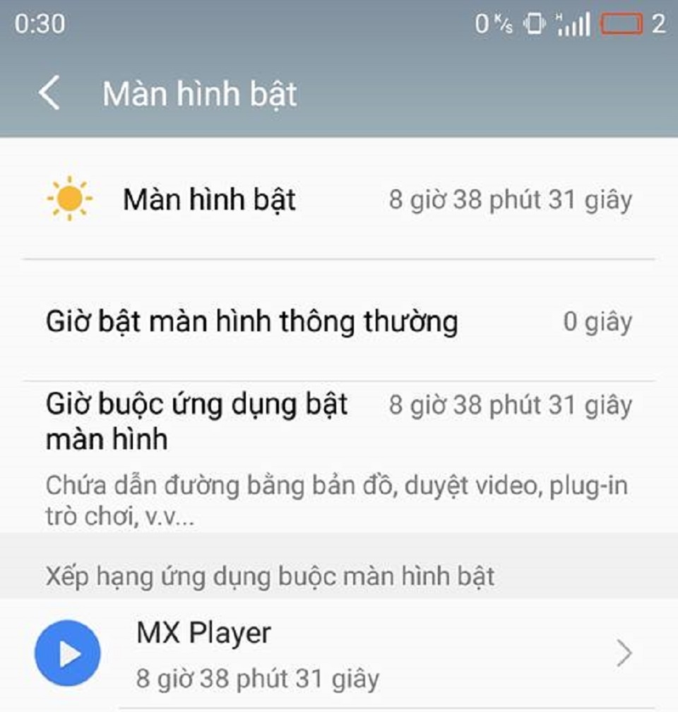 Thời gian sáng màn hình khi máy Meizu U20 còn 2% pin