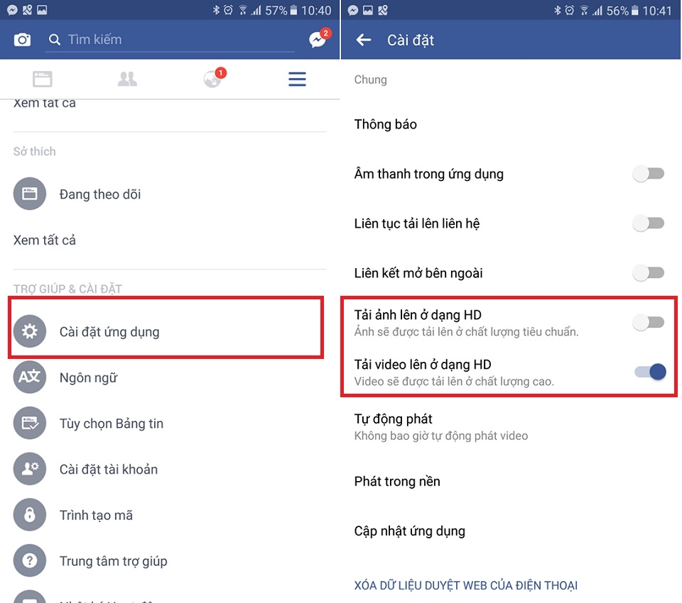 Tắt tính năng tải ảnh và video chất lượng HD