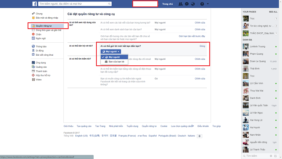 Hình ảnh danh sách những người bị chặn trên Facebook trong một tài khoản