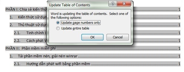 update mục lục trong word 2007