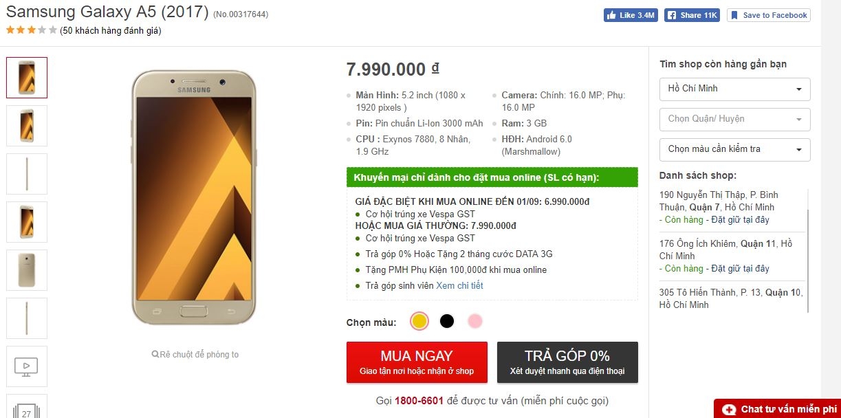 Galaxy A5 2017 sang chảnh với camera 16/16 MP, pin khủng, chống nước IP68 hạ giá kịch sàn