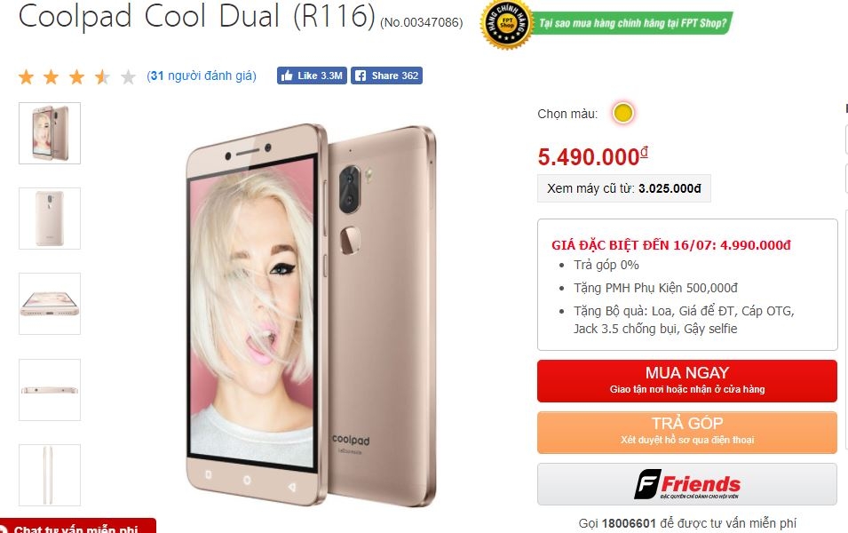 Coolpad Cool Dual camera kép, màn hình 5.5 inch Full HD, pin hơn 4.000 mAh giảm giá