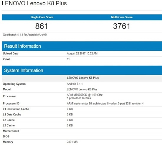 Lenovo K8 Plus với chip 8 nhân, RAM 3GB xuất đầu lộ diện trên Geekbench