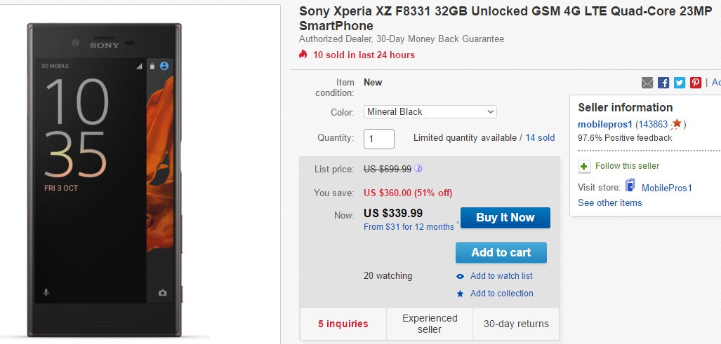 Siêu phẩm Xperia XZ chống nước, camera 13/23MP giảm giá kịch sàn trên eBay