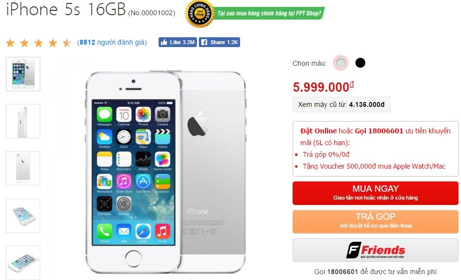 iPhone 5s chính thức hạ giá tại FPT Shop, tặng thêm Voucher mua Apple Watch